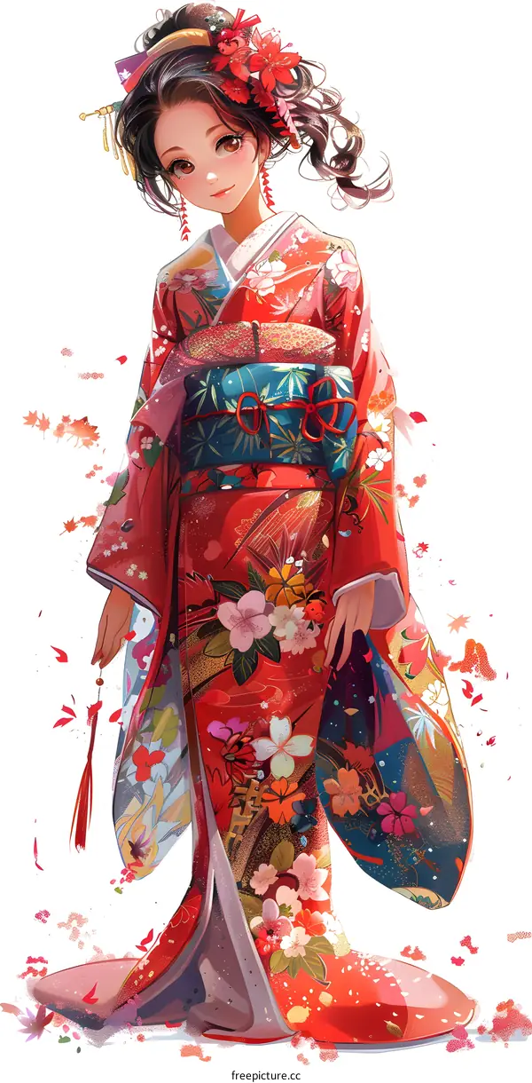 Japanese Woman Wearing Traditional Kimono with Floral Patterns