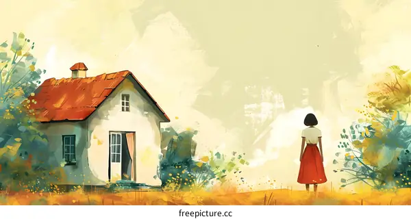 Woman in Red Skirt Standing in Field with House in the Background