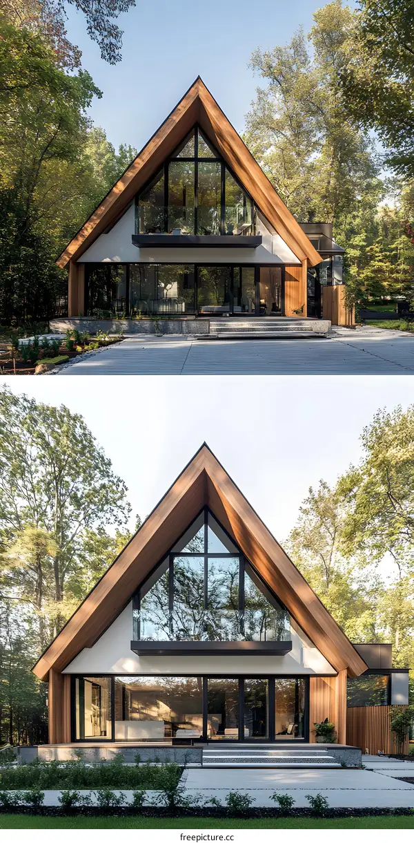 Modern A Frame House With Wooden Exterior And Large Windows