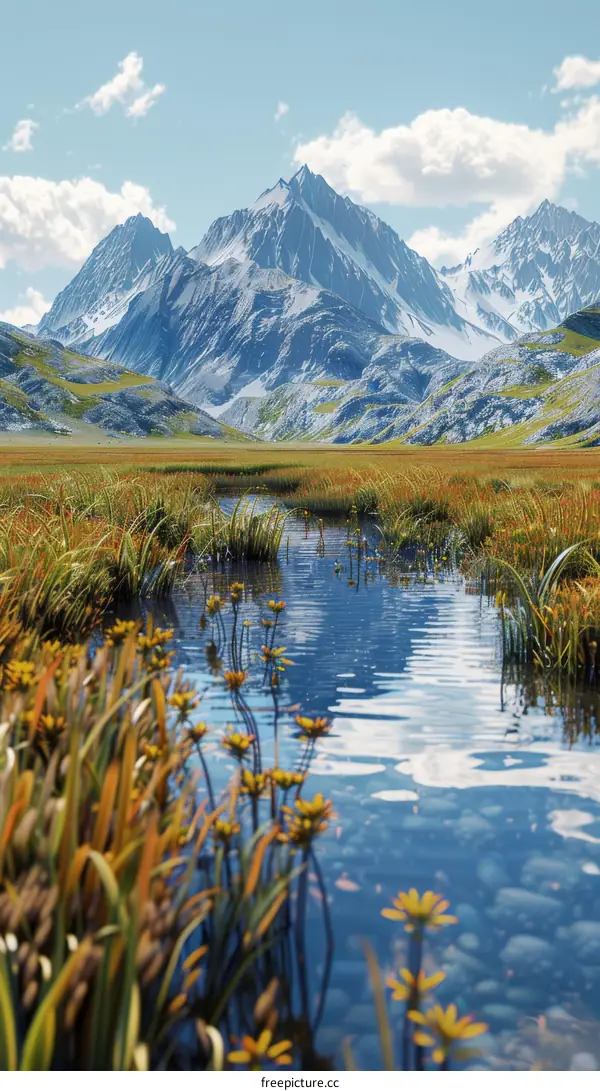 Mountain Reflections: A River Mirrors Peaks and Sky