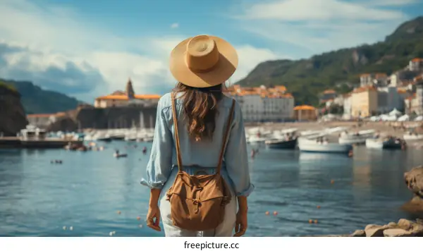 A woman wearing a straw hat and a backpack is standing on a pier looking out at the sea