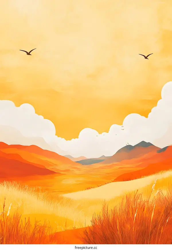 Yellow Sunset Over Grassy Hills with Birds Flying