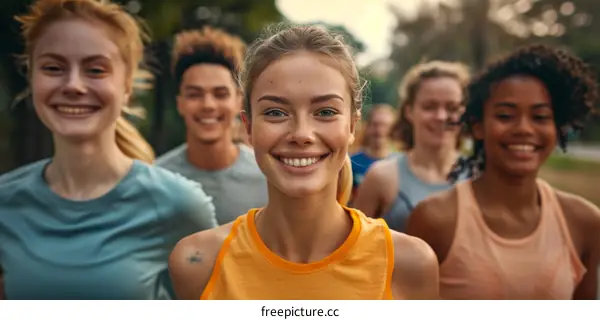 A group of diverse young people are running and smiling at the camera