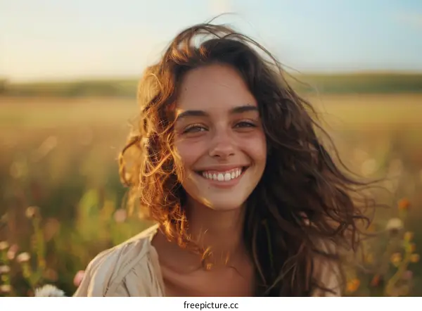 Young Woman Smiles in a Field at Sunset