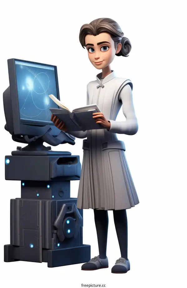 Girl reading a book in front of the computer
