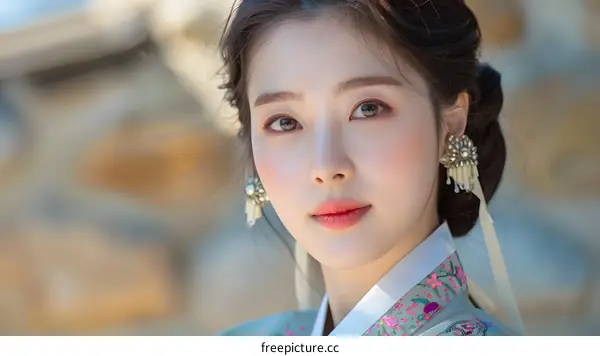 Portrait of a beautiful young Korean woman in traditional Hanbok dress
