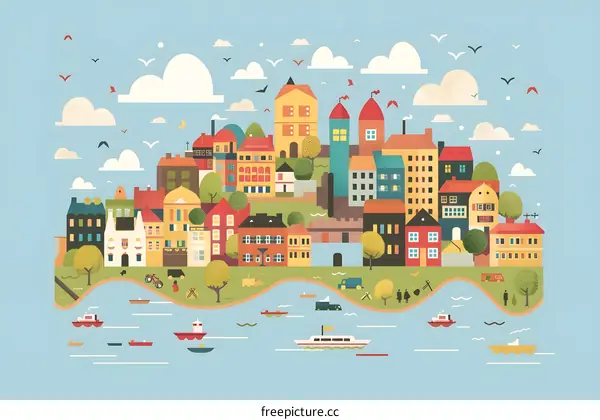 Colorful Illustration of a Small City with Buildings and Water