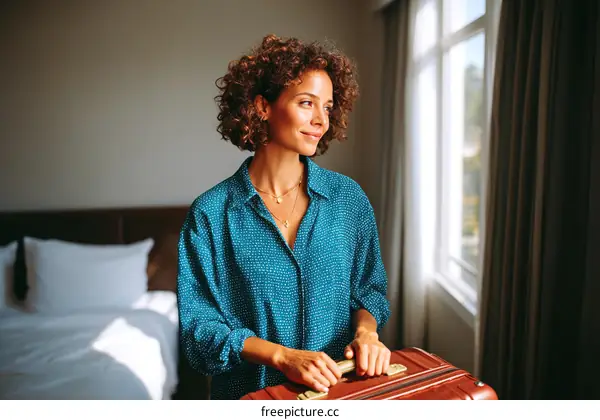 Woman in Hotel Room with Luggage Looking Out Window