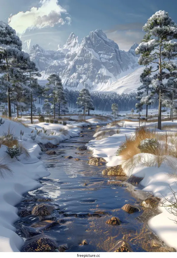 Snowy Mountain Landscape with River and Forest