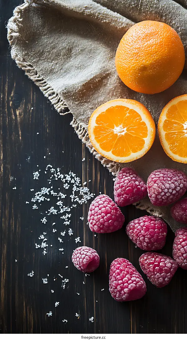 Fresh Raspberries and Orange Slices on Wooden Table