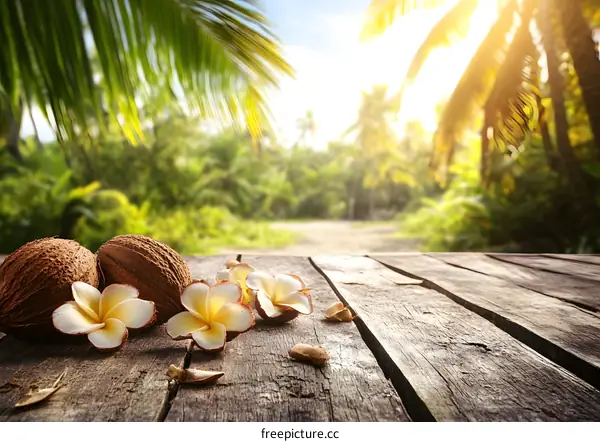 Tropical Coconut and Flowers on Wooden Plank