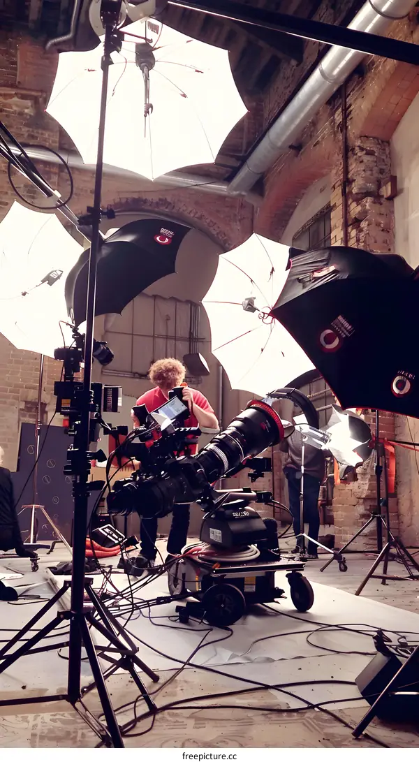 Film Set with Lighting Equipment and Crew