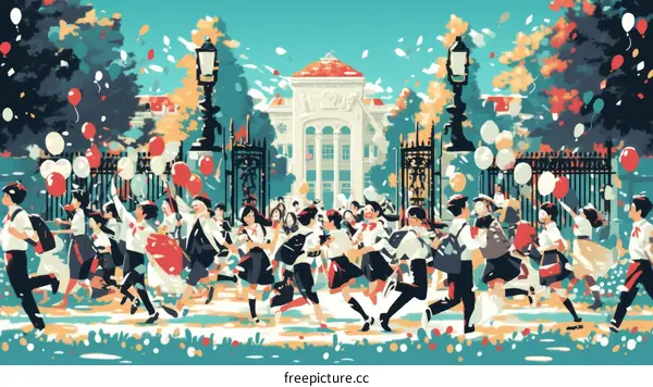 Students celebrating graduation in front of the school building