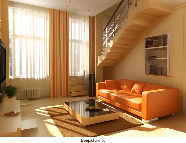Modern Living Room Interior Design with Orange Sofa and Wooden Staircase