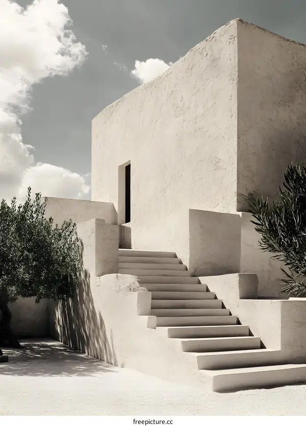 White Building with Steps and Trees in the Courtyard