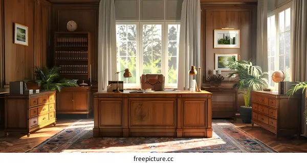 Luxurious wooden home office with large windows