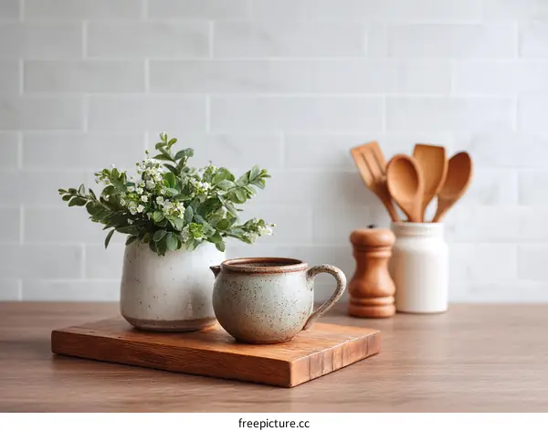 Rustic Kitchen Decor Display with Ceramic Coffee Mug