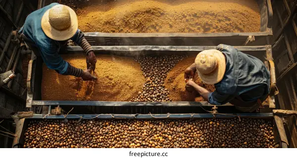 Two men in straw hats sort coffee beans