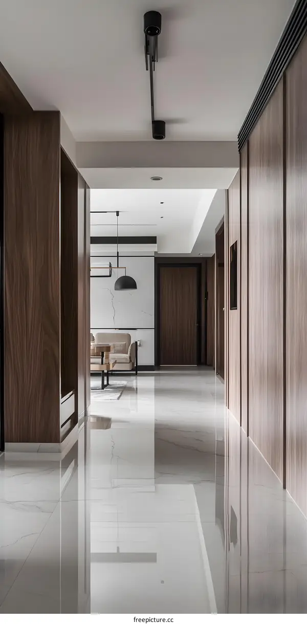 Modern Interior Design with White Marble Floor and Wooden Walls