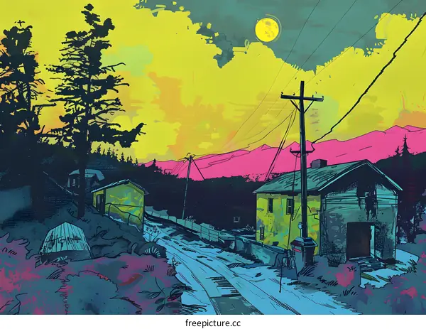 Night Sky over Mountain Village Illustration