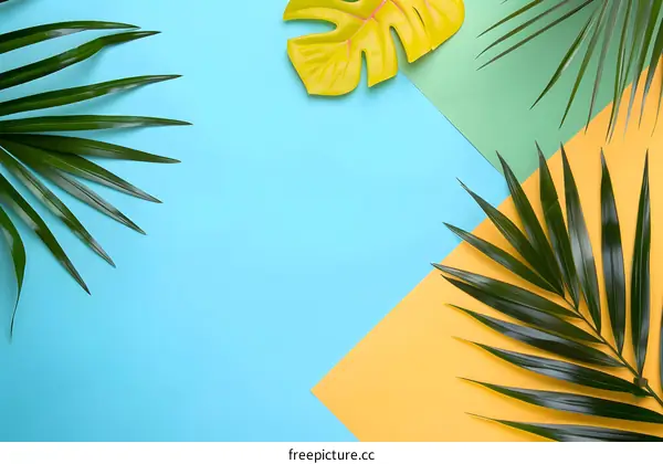Tropical Leaves on Blue Yellow and Green Background