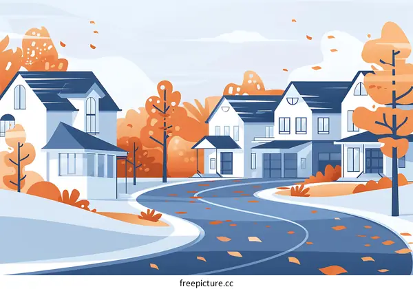 Autumn Landscape with Houses and Road