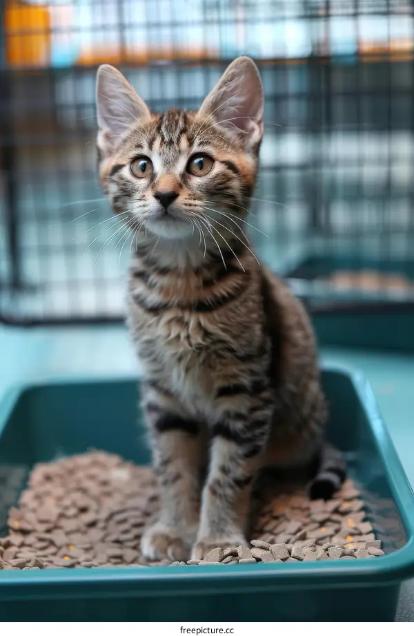 Cute Tabby Kitten in Litter Box