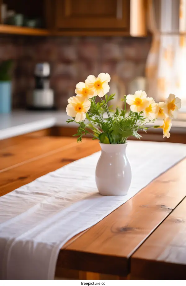 A beautiful bouquet of yellow flowers sitting on a wooden table