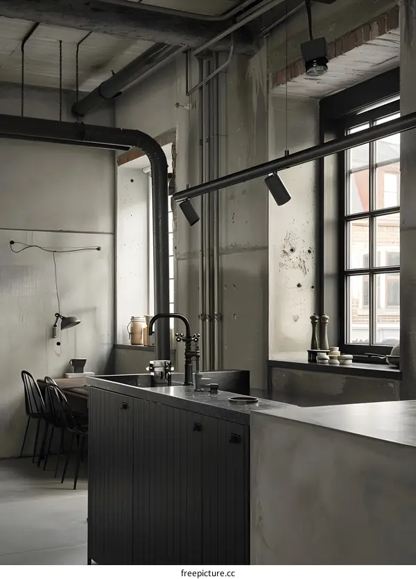 Industrial Style Kitchen Interior Design with Exposed Pipes and Concrete Walls