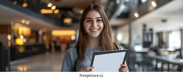 Smiling Woman Holding a Tablet in a Modern Office Building