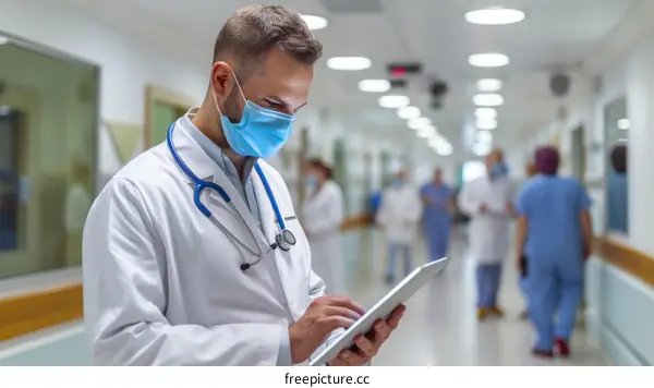 Doctor wearing a mask while using a tablet in a hospital hallway