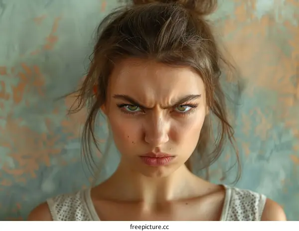 Portrait of a Young Woman with Angry Expression