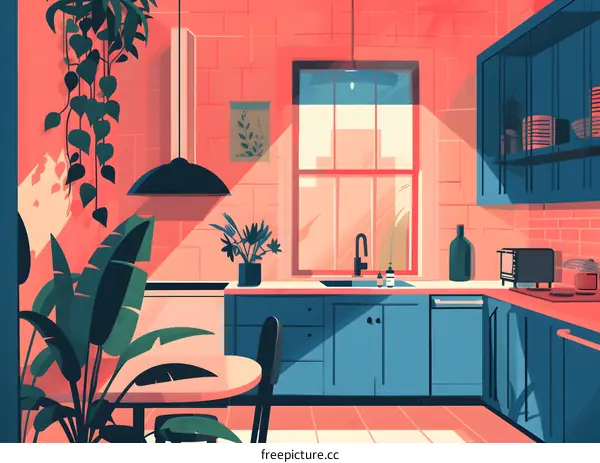 Modern Kitchen Interior with Plants and Sunlight