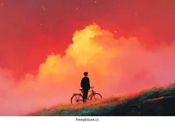 A Man on a Bicycle at Sunset Cloudscape