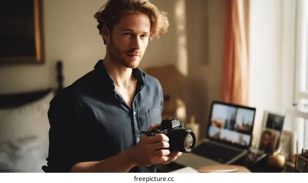 Man Holding Camera in Home Office Interior