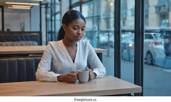 African Woman Drinking Coffee in a Cafe