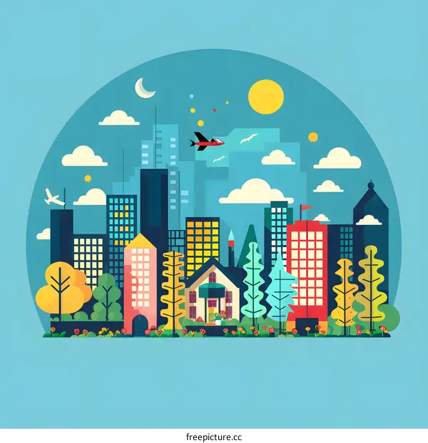 Modern Cityscape Illustration with Colorful Buildings and Green Trees