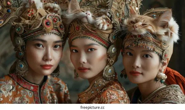 Three Asian women wearing traditional headdresses with cats on their heads