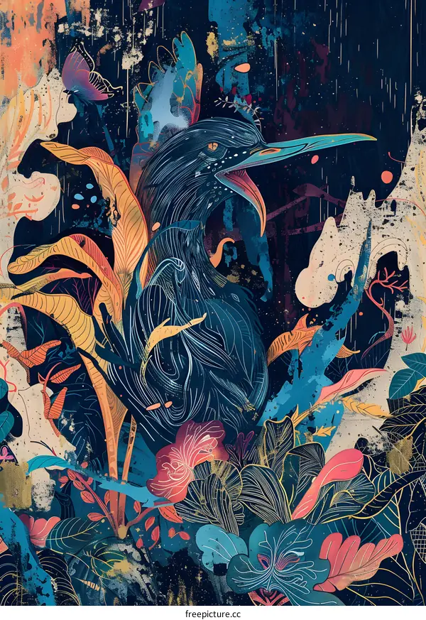 Abstract Bird in Floral Pattern Illustration