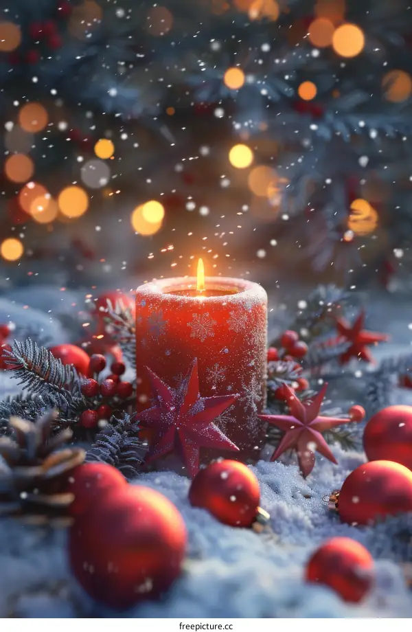 Red Candle and Ornaments in the Snowy Night