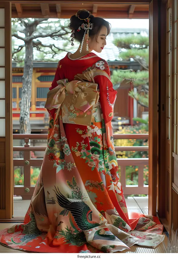 A woman wearing a red kimono with floral patterns standing in a traditional Japanese house
