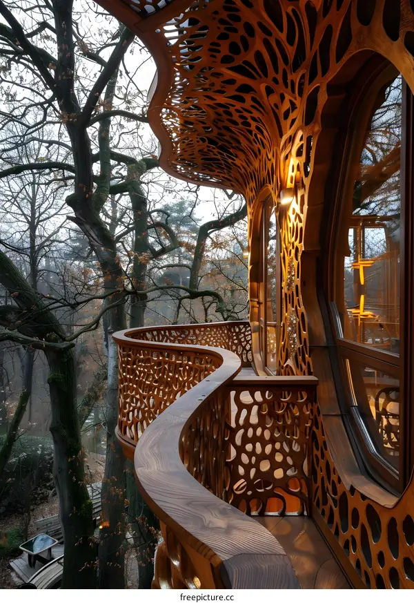 Intricate Wooden Balcony Overlooking Forest