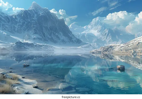 Breathtaking Winter Mountain Landscape with Snow-Capped Peaks and Crystal Clear Lake