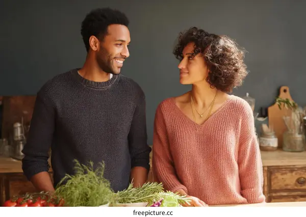 Couple Posing Together in a Cozy Kitchen