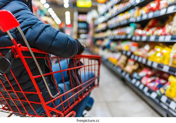 Person Riding Shopping Cart In Grocery Store