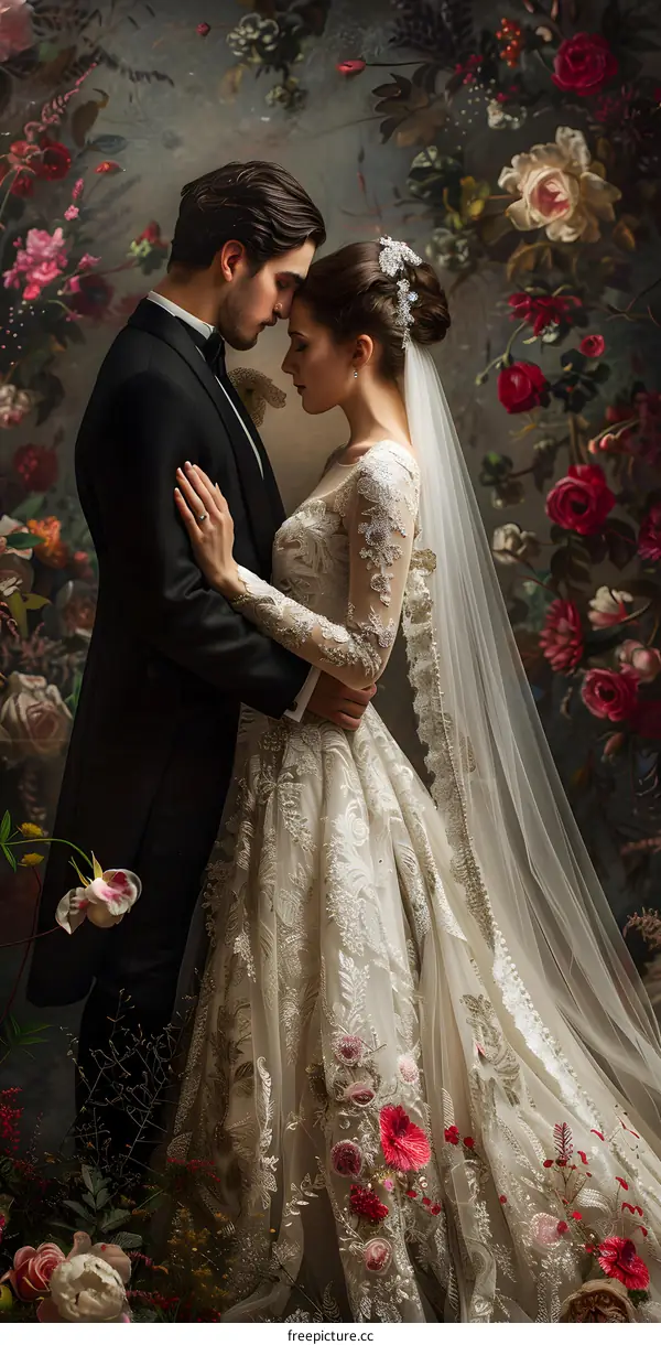 A couple posing for a wedding photo in front of a floral mural