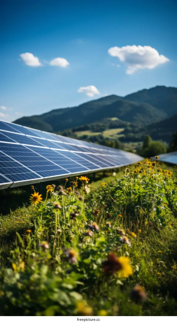 Large solar farm with wildflowers in the foreground