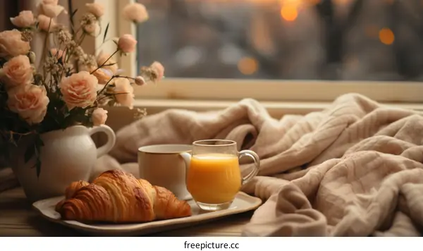 Cozy Breakfast with Croissants, Orange Juice, and Coffee