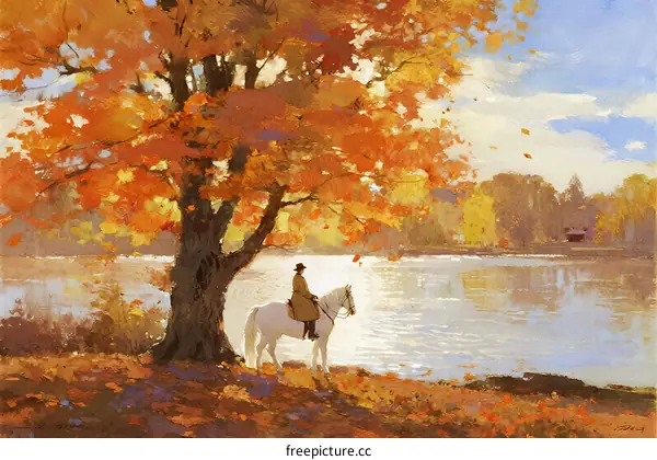 A Person Riding a White Horse Under a Golden Autumn Tree by the Lake