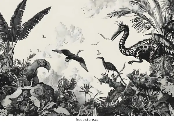 Black and White Illustration of Dinosaurs in a Tropical Jungle